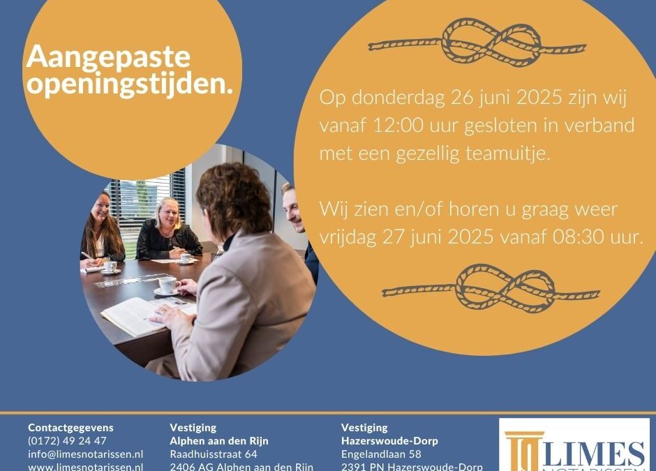 Openingstijden donderdag 26 juni 2025
